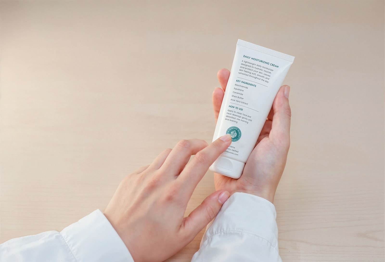 Hands examining the claims and ingredient information on a skincare tube